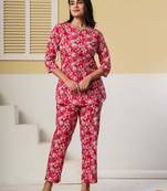 Red floral printed cotton co-ord set with straight pant for women