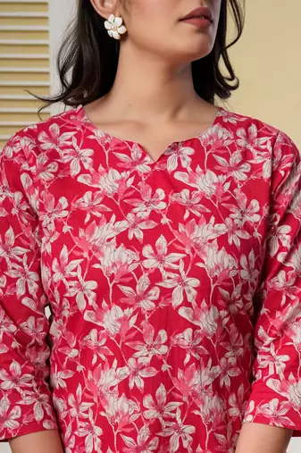 Red floral printed cotton co-ord set with straight pant for women