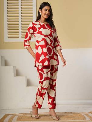 Red floral printed cotton co-ord set with straight pant for women 1