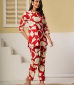 Red floral printed cotton co-ord set with straight pant for women