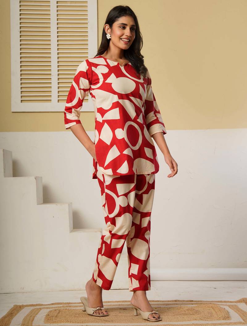 Red floral printed cotton co-ord set with straight pant for women
