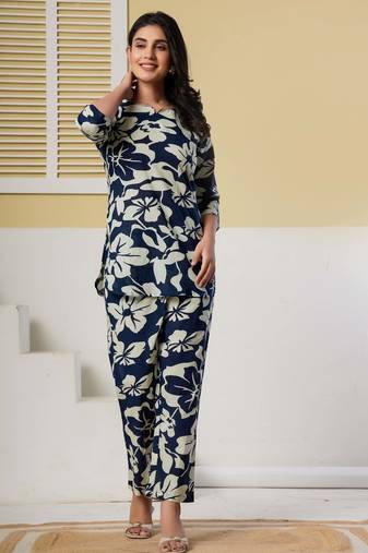 Navy blue floral printed cotton co-ord set with straight pant for women