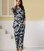 Navy blue floral printed cotton co-ord set with straight pant for women