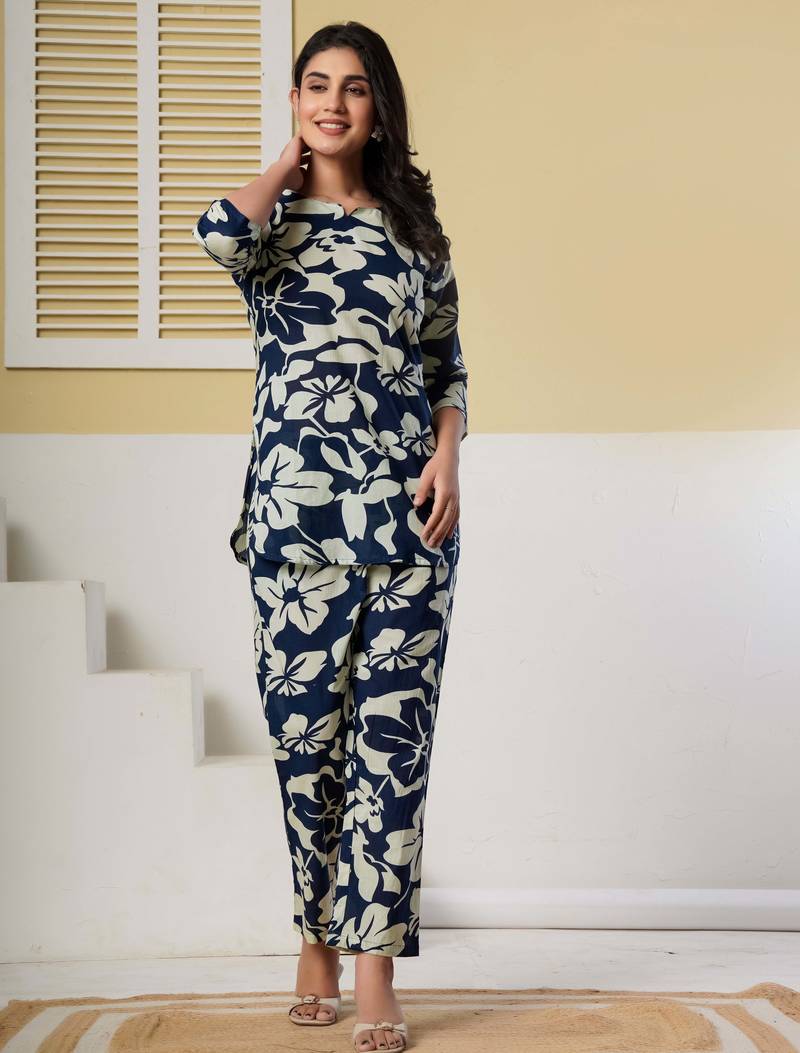 Navy blue floral printed cotton co-ord set with straight pant for women