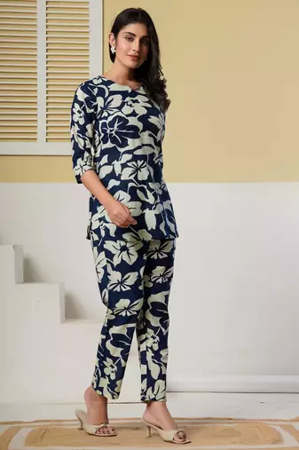 Navy blue floral printed cotton co-ord set with straight pant for women
