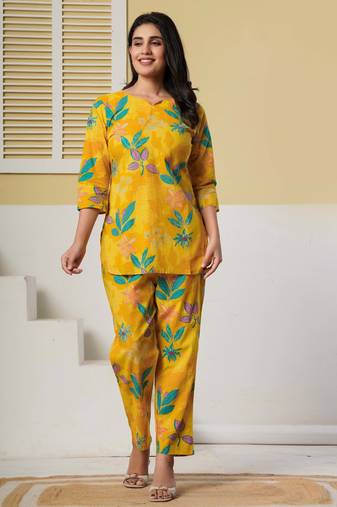 Yellow floral printed cotton co-ord set with straight pant for women