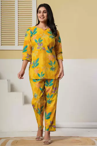 Yellow floral printed cotton co-ord set with straight pant for women