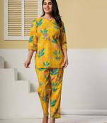Yellow floral printed cotton co-ord set with straight pant for women