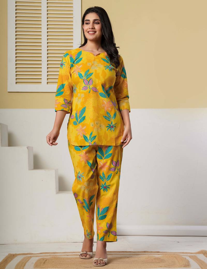 Yellow floral printed cotton co-ord set with straight pant for women