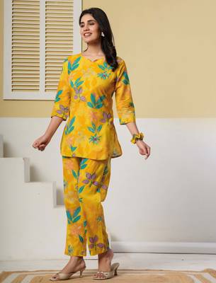 Yellow floral printed cotton co-ord set with straight pant for women 2