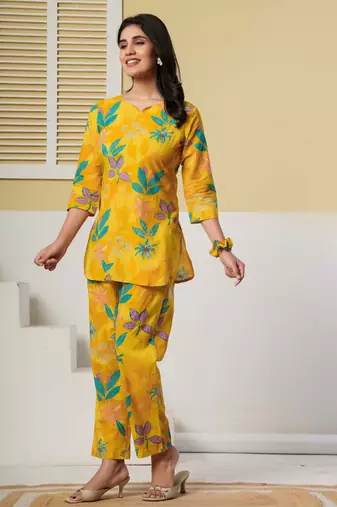 Yellow floral printed cotton co-ord set with straight pant for women