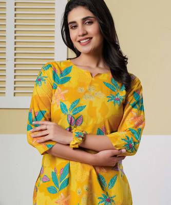 Yellow floral printed cotton co-ord set with straight pant for women 3