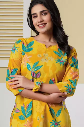 Yellow floral printed cotton co-ord set with straight pant for women