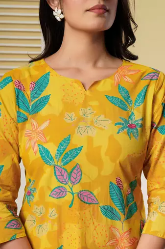 Yellow floral printed cotton co-ord set with straight pant for women