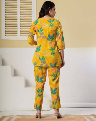 Yellow floral printed cotton co-ord set with straight pant for women 5