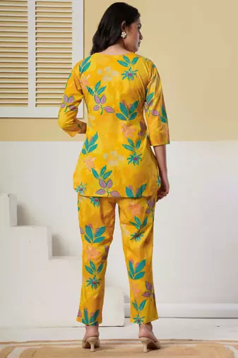 Yellow floral printed cotton co-ord set with straight pant for women