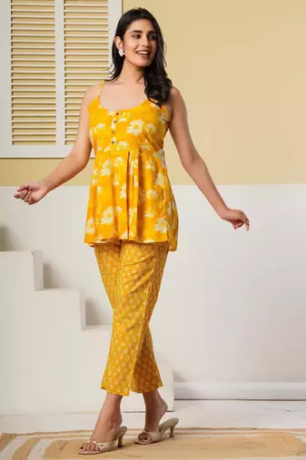 Yellow floral printed cotton co-ord set with straight pant for women