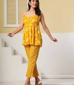 Yellow floral printed cotton co-ord set with straight pant for women