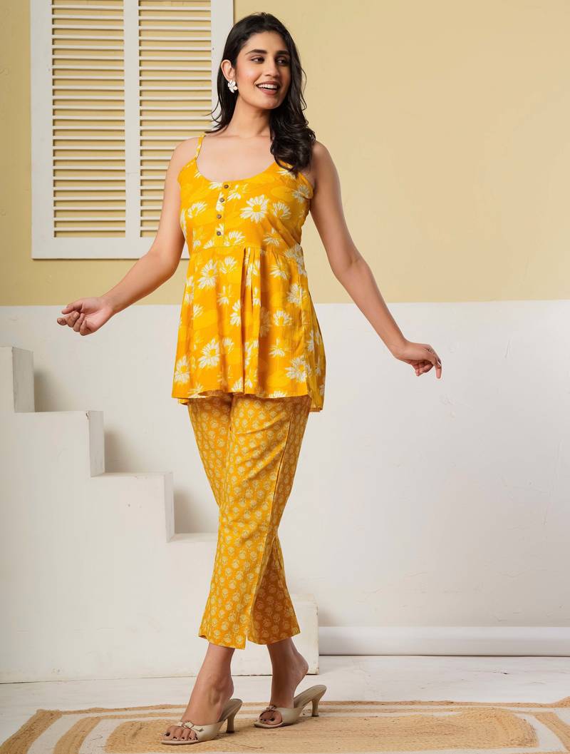Yellow floral printed cotton co-ord set with straight pant for women