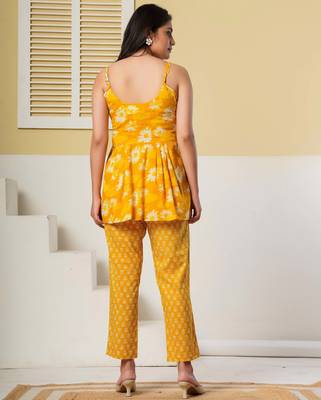Yellow floral printed cotton co-ord set with straight pant for women 2