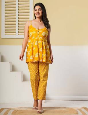 Yellow floral printed cotton co-ord set with straight pant for women 4
