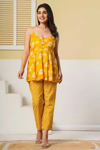 Yellow floral printed cotton co-ord set with straight pant for women