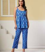 Blue floral printed cotton co-ord set with straight pant for women