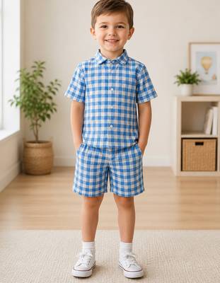 Blue printed cotton blend kids cord set 1
