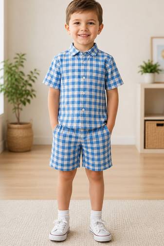 Blue printed cotton blend kids cord set