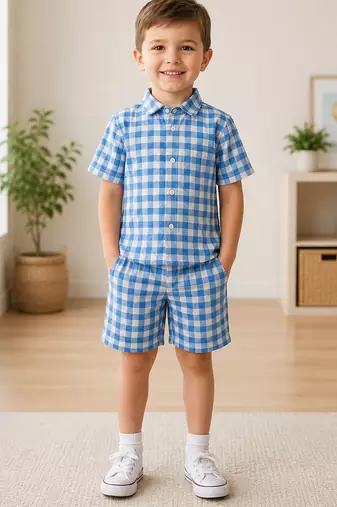 Blue printed cotton blend kids cord set
