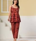 Red floral printed cotton co-ord set with straight pant for women