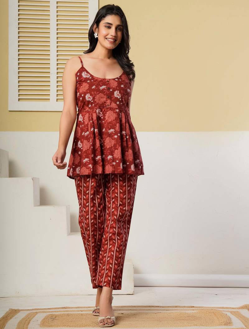 Red floral printed cotton co-ord set with straight pant for women