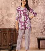 Purple floral printed cotton co-ord set with straight pant for women