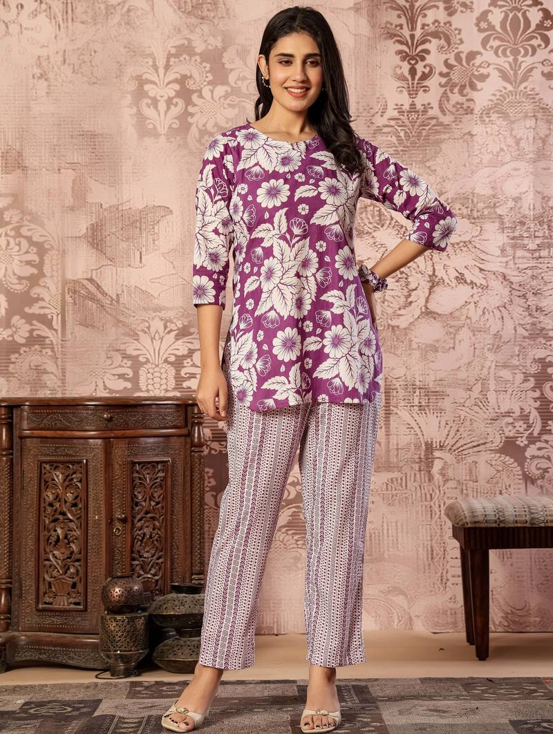 Purple floral printed cotton co-ord set with straight pant for women