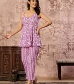 Pink floral printed cotton co-ord set with straight pant for women