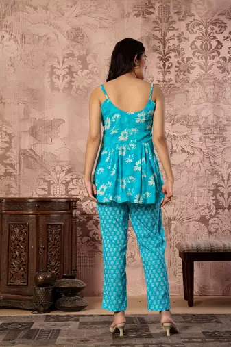 Turquoise floral printed cotton co-ord set with straight pant for women