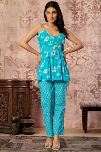 Turquoise floral printed cotton co-ord set with straight pant for women