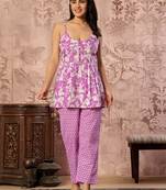 Pink floral printed cotton co-ord set with straight pant for women