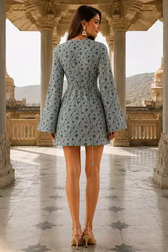 Sky-blue floral printed cotton stitched flared dress for women
