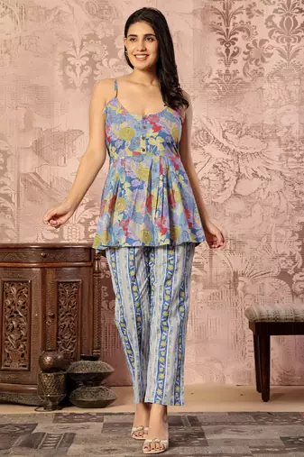 Blue floral printed cotton co-ord set with straight pant for women