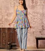 Blue floral printed cotton co-ord set with straight pant for women