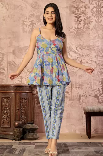 Blue floral printed cotton co-ord set with straight pant for women