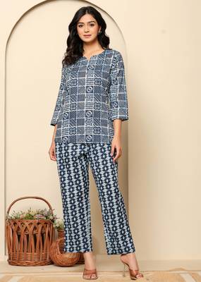 Navy-blue floral printed cotton co-ord set with straight pant for women 1