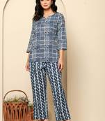 Navy-blue floral printed cotton co-ord set with straight pant for women