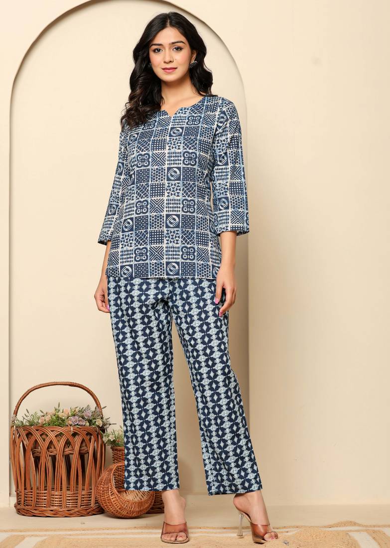 Navy-blue floral printed cotton co-ord set with straight pant for women