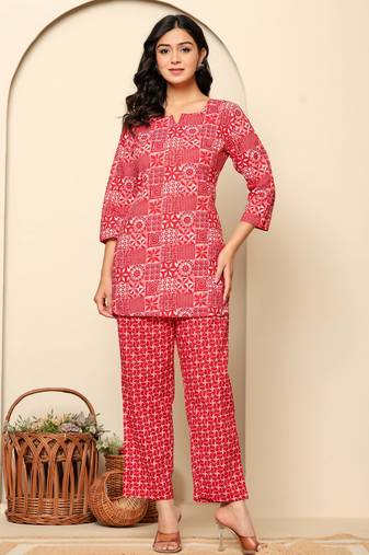 Red floral printed cotton co-ord set with straight pant for women
