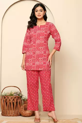 Red floral printed cotton co-ord set with straight pant for women