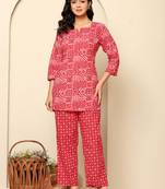 Red floral printed cotton co-ord set with straight pant for women