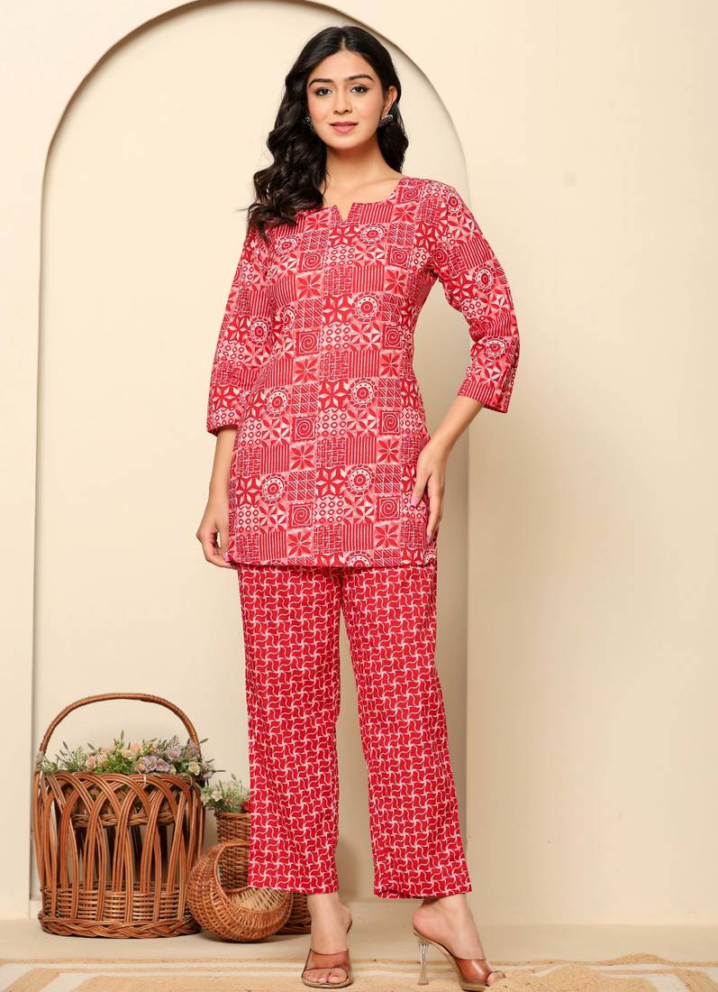 Red floral printed cotton co-ord set with straight pant for women