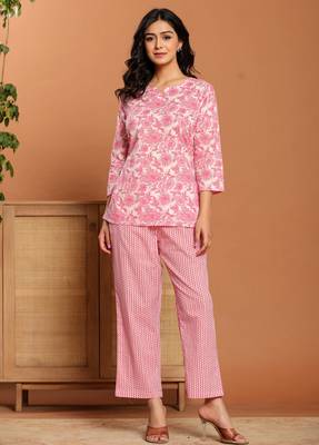 Pink floral printed cotton co-ord set with straight pant for women 1